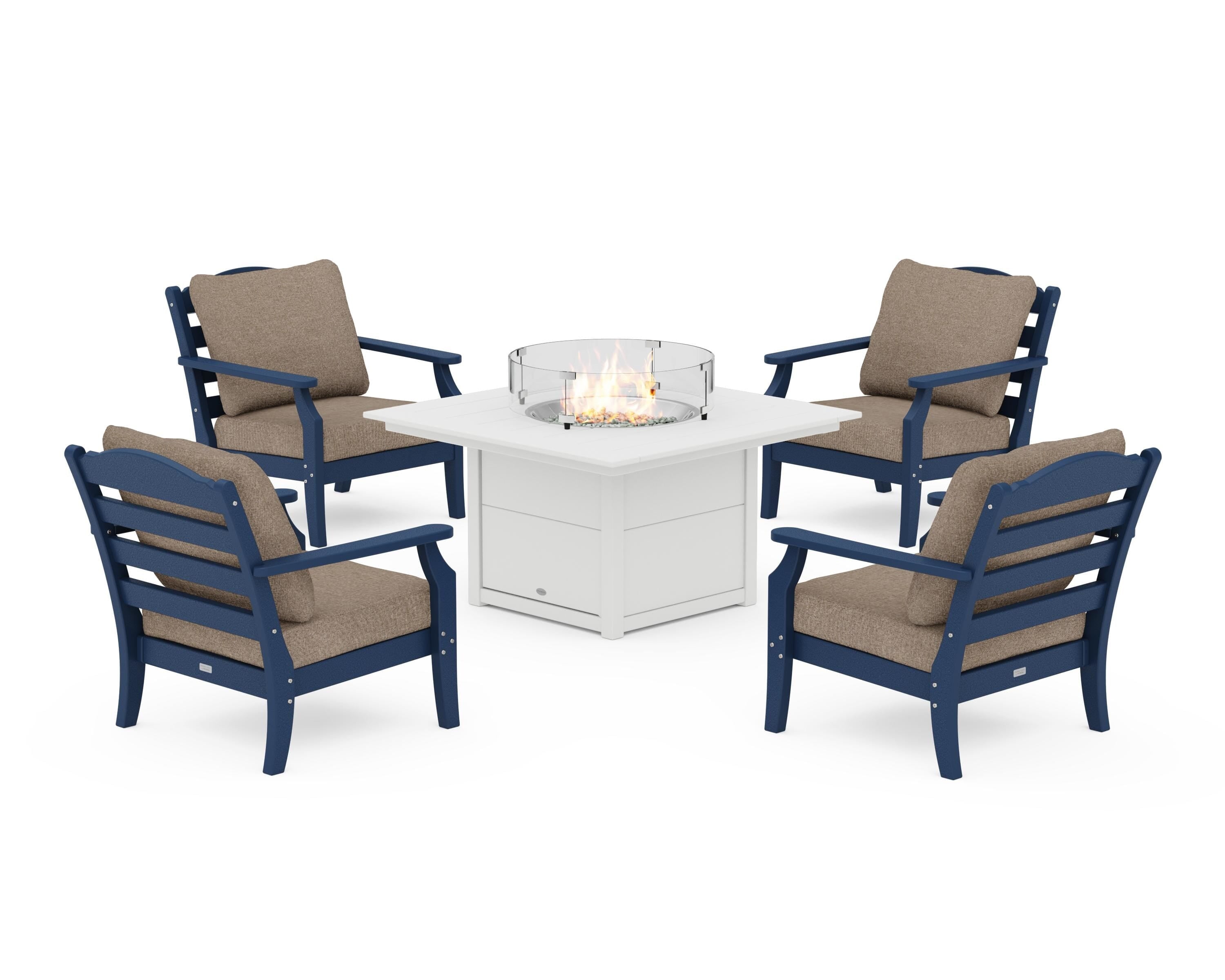 Draper James™ by  POLYWOOD® Savannah 5-Piece Deep Seating Set with Fire Pit Table in Navy / Spiced Burlap