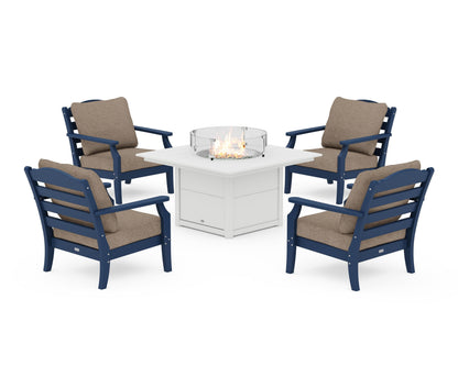 Draper James™ by  POLYWOOD® Savannah 5-Piece Deep Seating Set with Fire Pit Table in Navy / Spiced Burlap