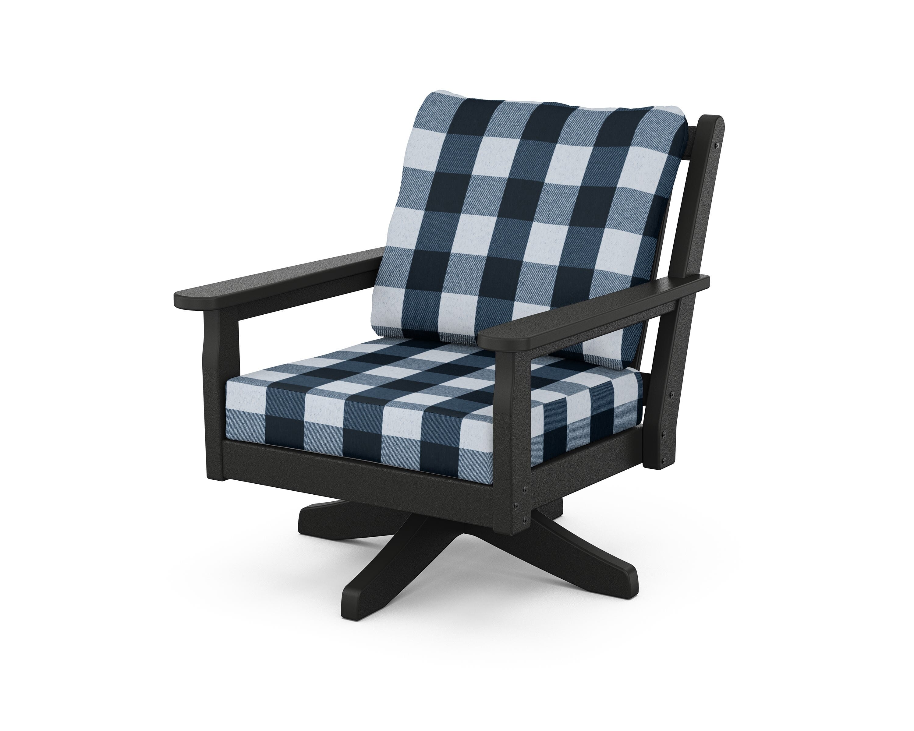 POLYWOOD® Chippendale Deep Seating Swivel Chair in Black / Buffalo Plaid Marine Indigo