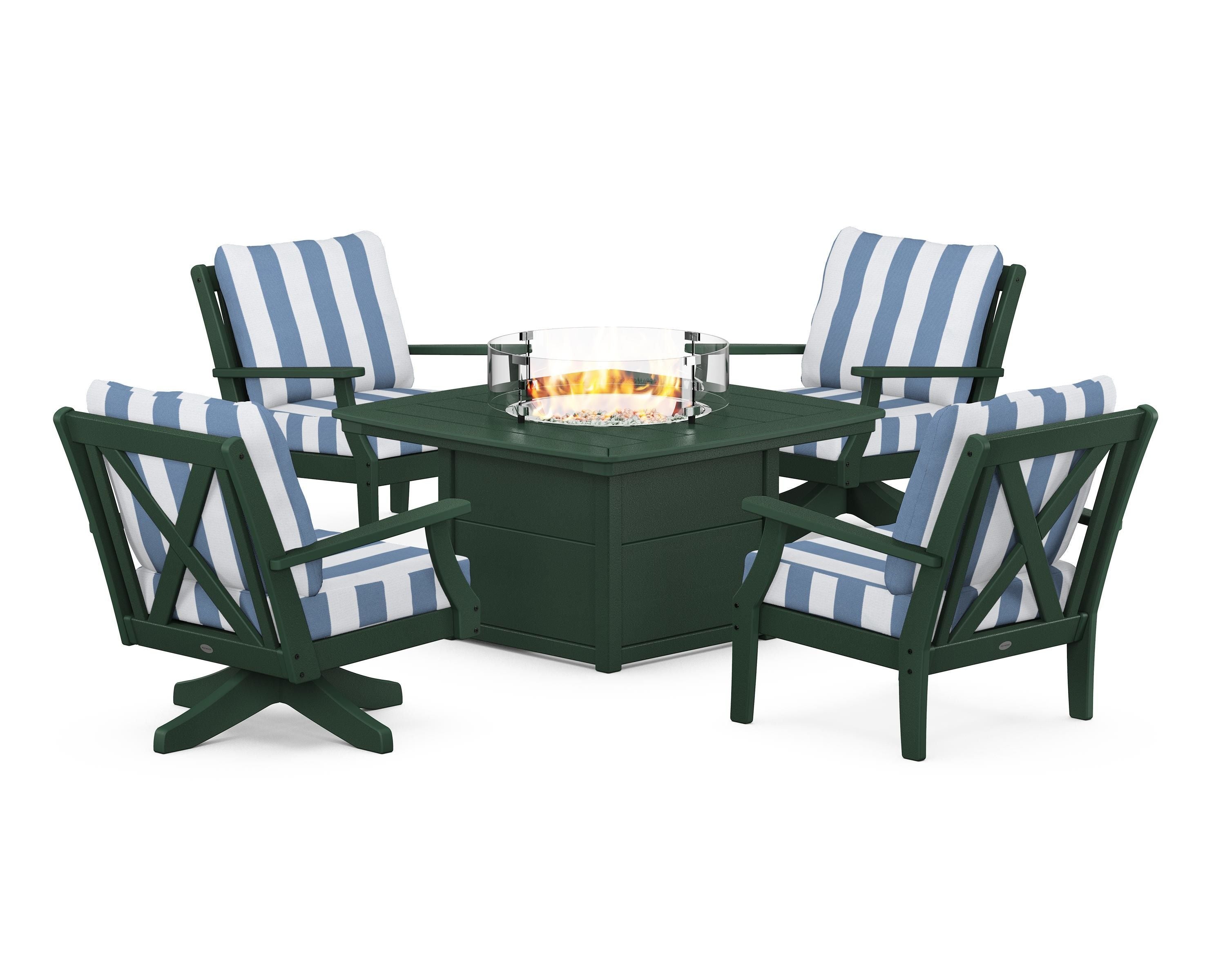POLYWOOD® Braxton 5-Piece Deep Seating Set with Fire Table in Green / Cabana Stripe Sky Blue
