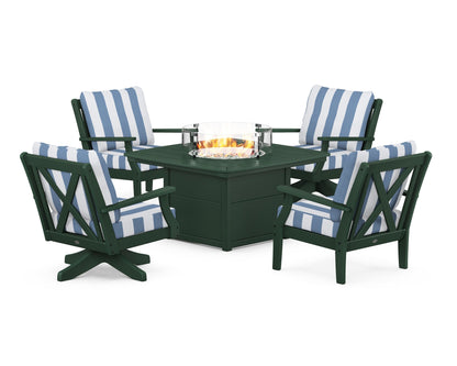 POLYWOOD® Braxton 5-Piece Deep Seating Set with Fire Table in Green / Cabana Stripe Sky Blue