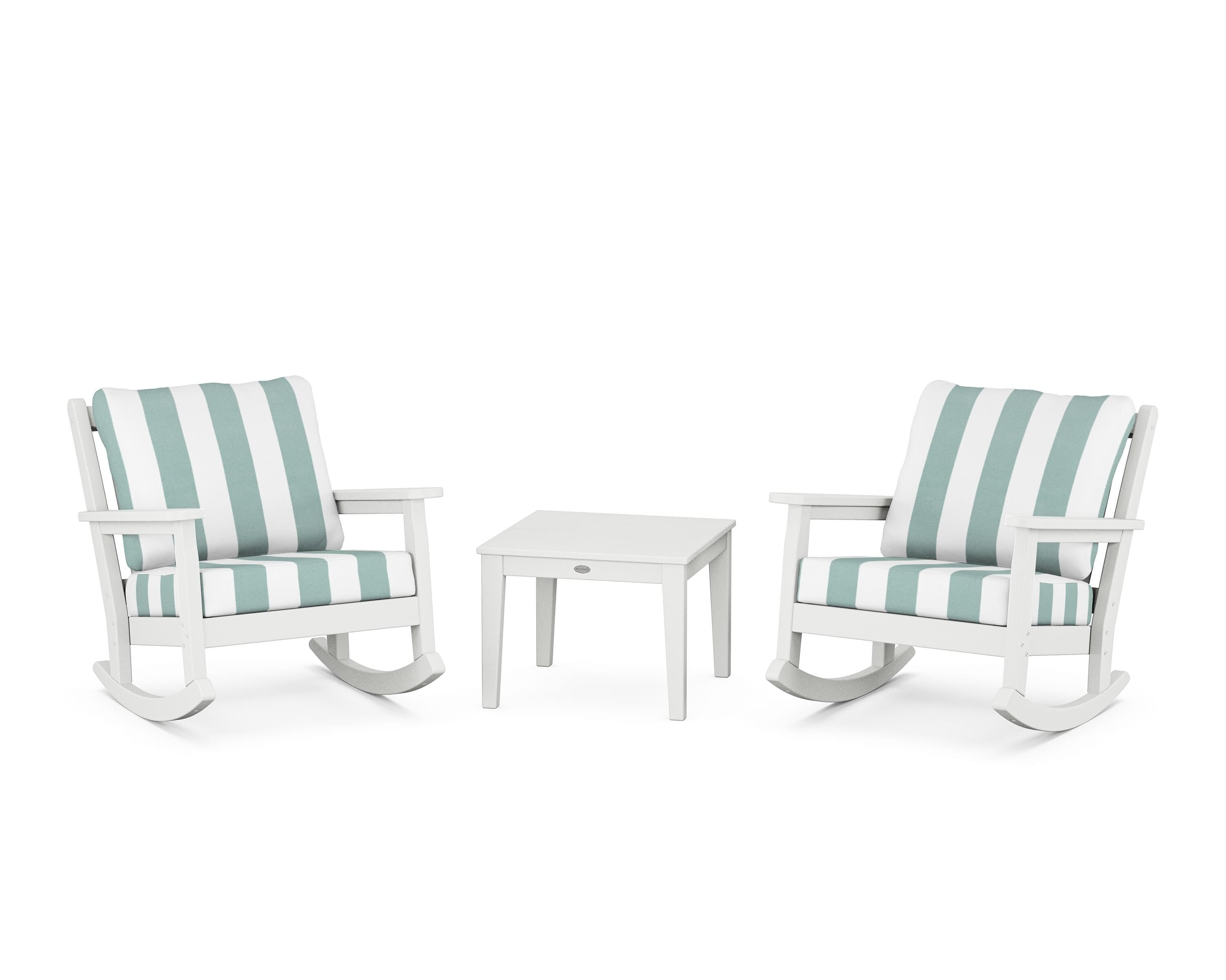 POLYWOOD® Chippendale 3-Piece Deep Seating Rocker Set in White / Cabana Stripe Glacier Spa
