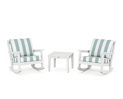 POLYWOOD® Chippendale 3-Piece Deep Seating Rocker Set in White / Cabana Stripe Glacier Spa