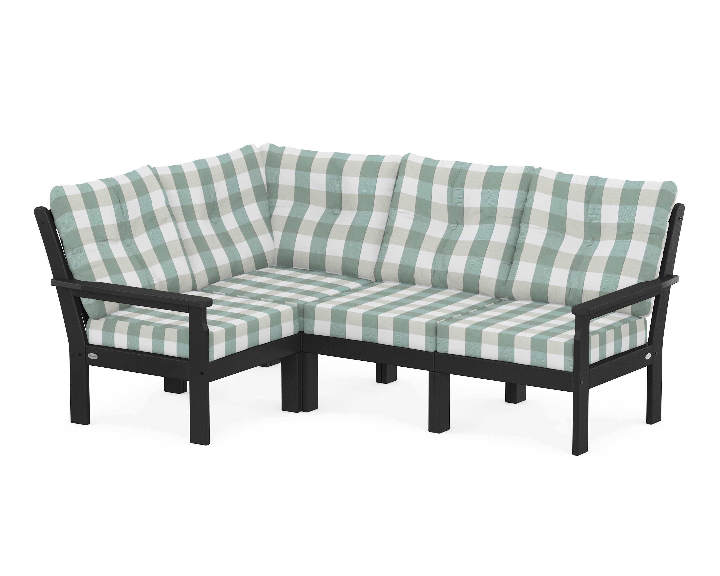 POLYWOOD® Vineyard 4-Piece Sectional in Black / Buffalo Plaid Glacier Spa