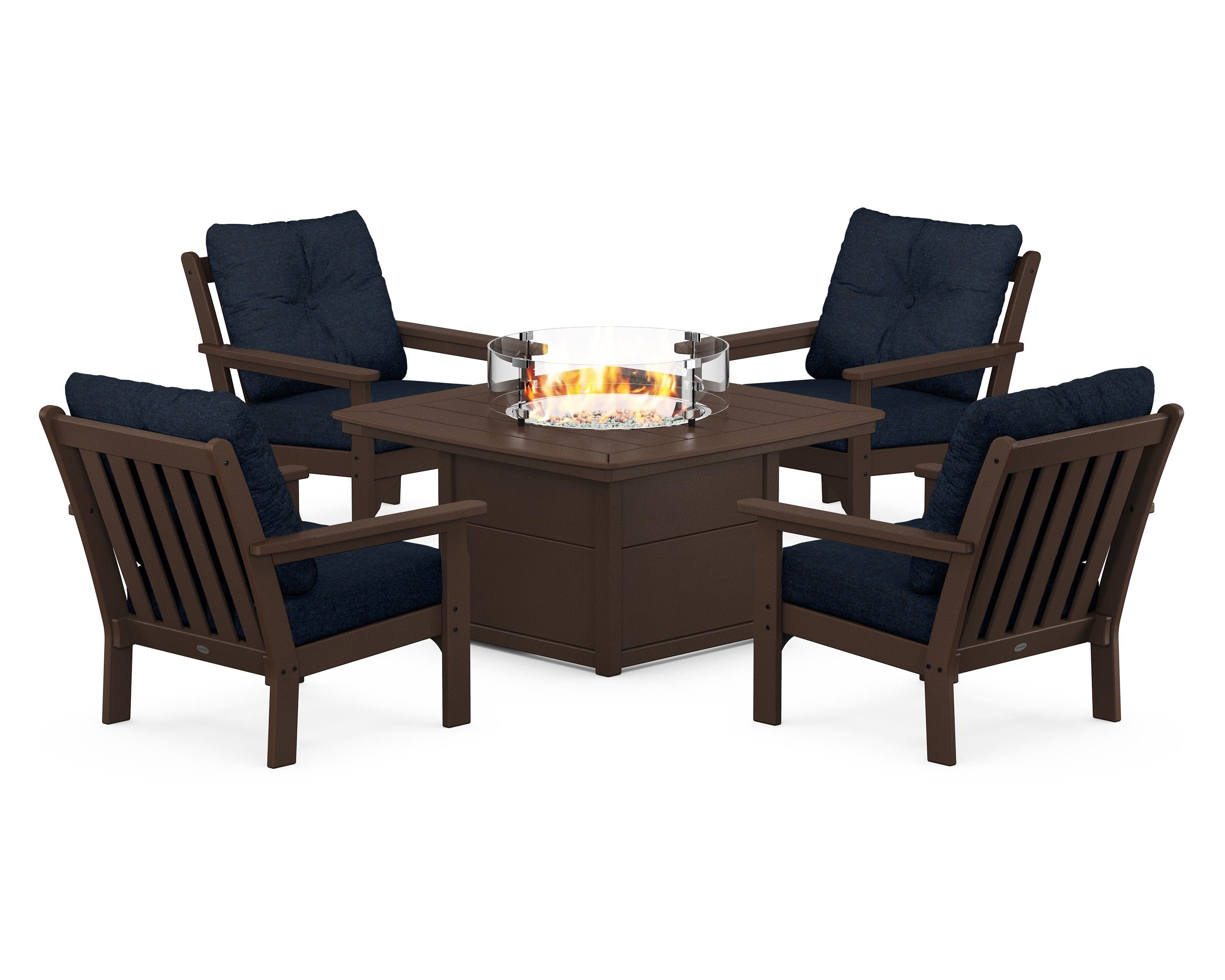 POLYWOOD® Vineyard 5-Piece Conversation Set with Fire Pit Table in Mahogany / Marine Indigo