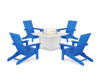 POLYWOOD® 5-Piece Modern Studio Folding Adirondack Conversation Set with Fire Pit Table in Pacific Blue / White