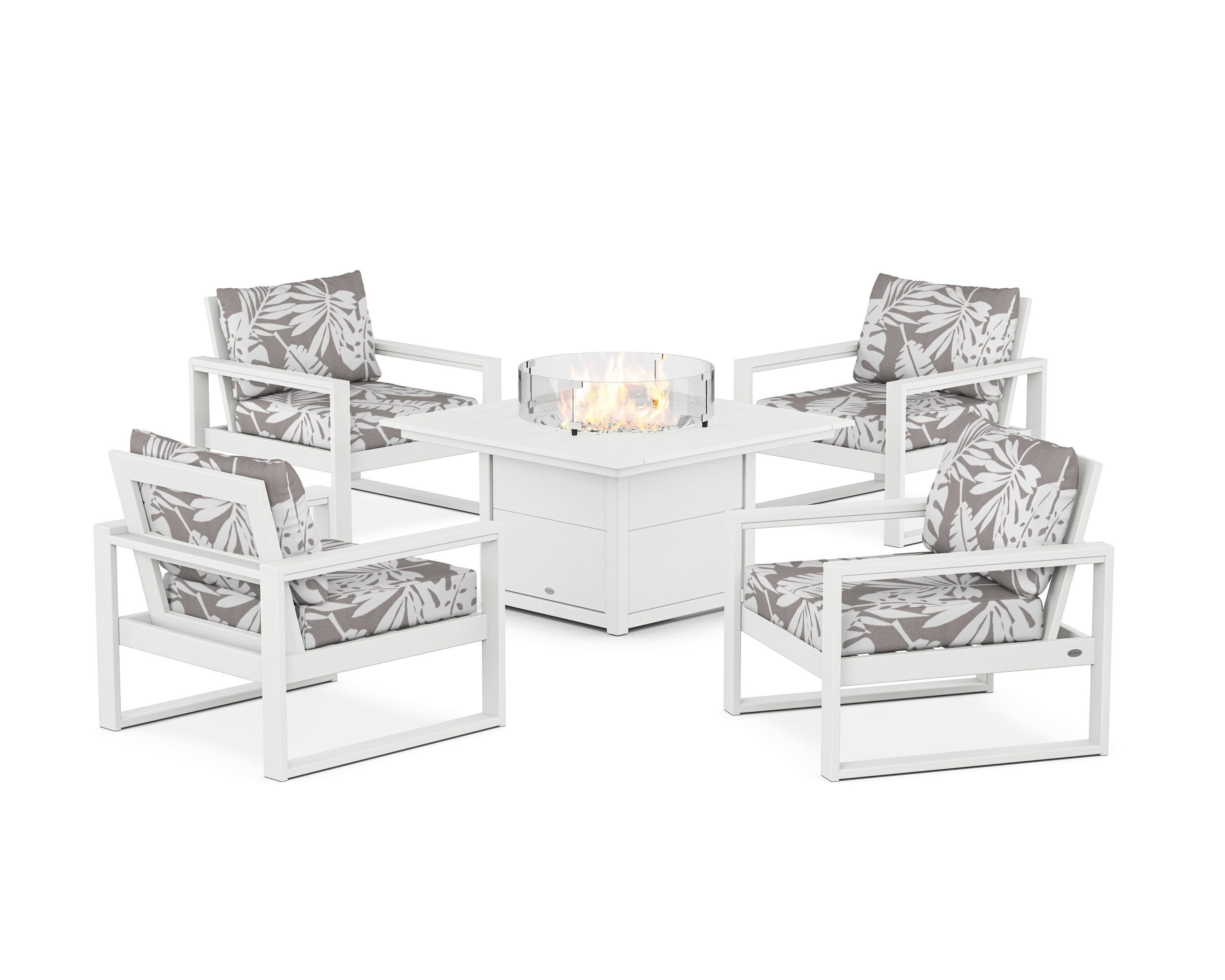 POLYWOOD® EDGE Sectional 5-Piece Deep Seating Set with Fire Pit Table in White / Leaf Grey Mist