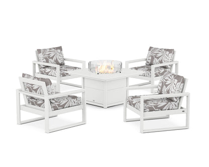 POLYWOOD® EDGE Sectional 5-Piece Deep Seating Set with Fire Pit Table in White / Leaf Grey Mist
