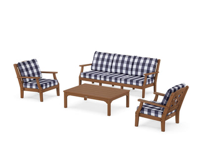 Martha Stewart by POLYWOOD® Chinoiserie 4-Piece Deep Seating Set with Sofa in Teak / Buffalo Plaid Navy
