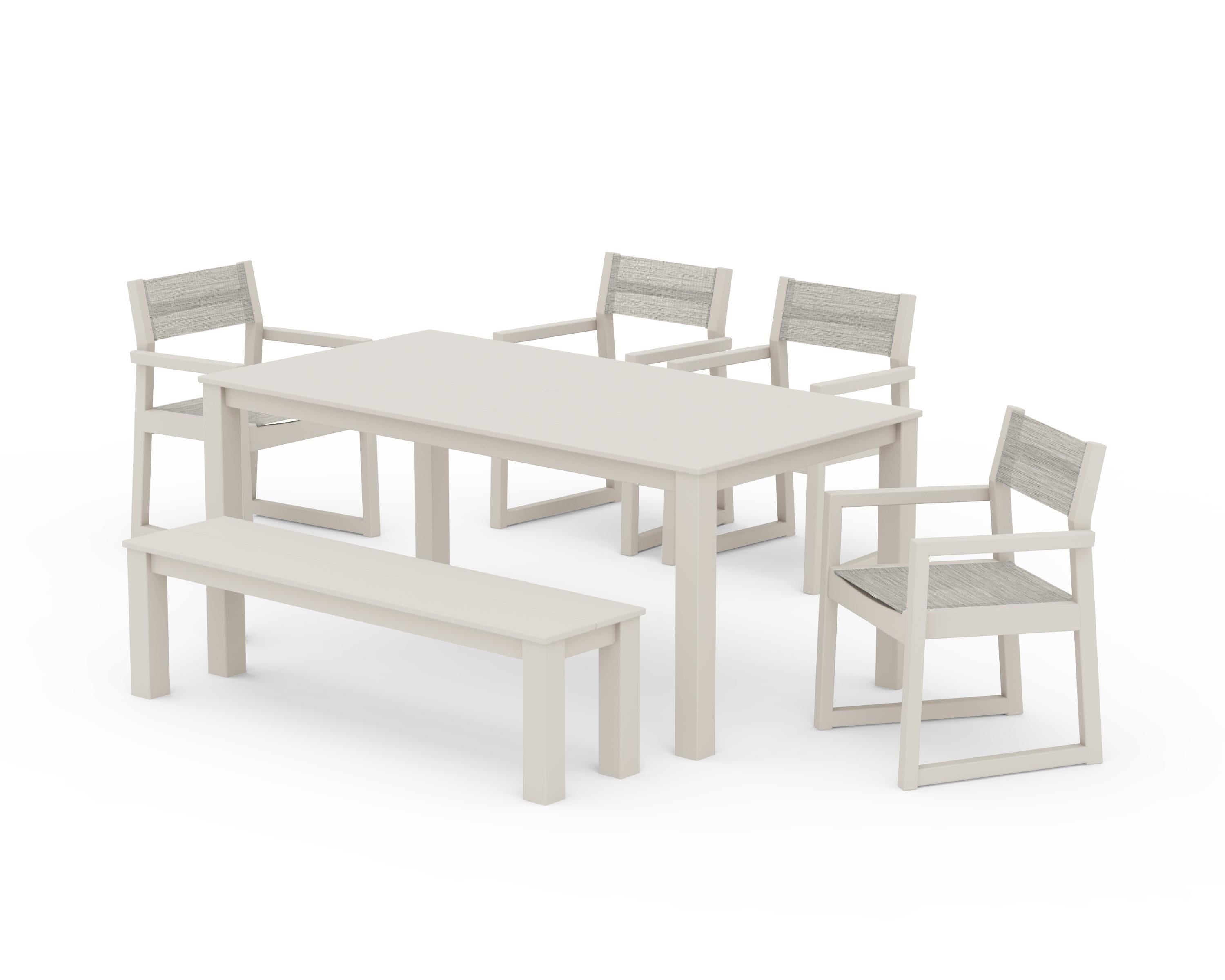 POLYWOOD® EDGE Sling Arm Chair 6-Piece Parsons Dining Set with Bench in Sand / Birch Sling