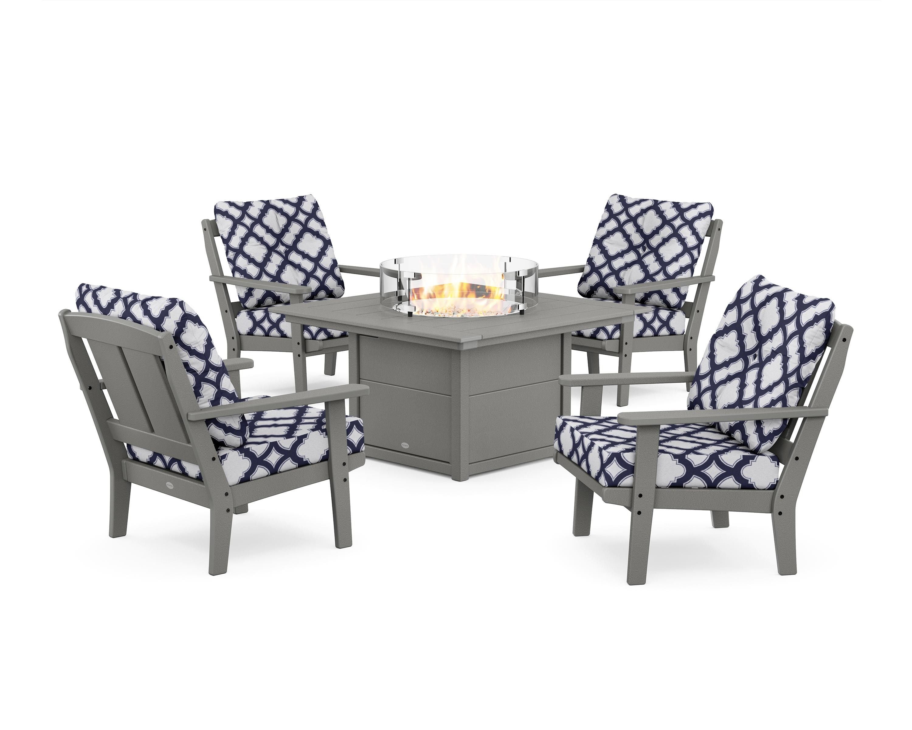 POLYWOOD® Mission 5-Piece Deep Seating Set with Fire Pit Table in Slate Grey / Trellis Navy