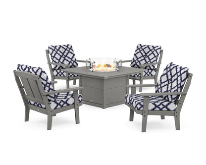 POLYWOOD® Mission 5-Piece Deep Seating Set with Fire Pit Table in Slate Grey / Trellis Navy
