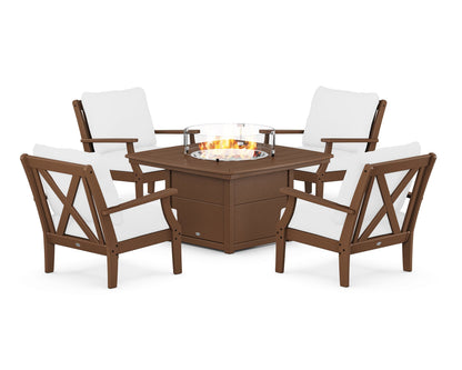 POLYWOOD® Braxton 5-Piece Deep Seating Conversation Set with Fire Pit Table in Teak / Natural