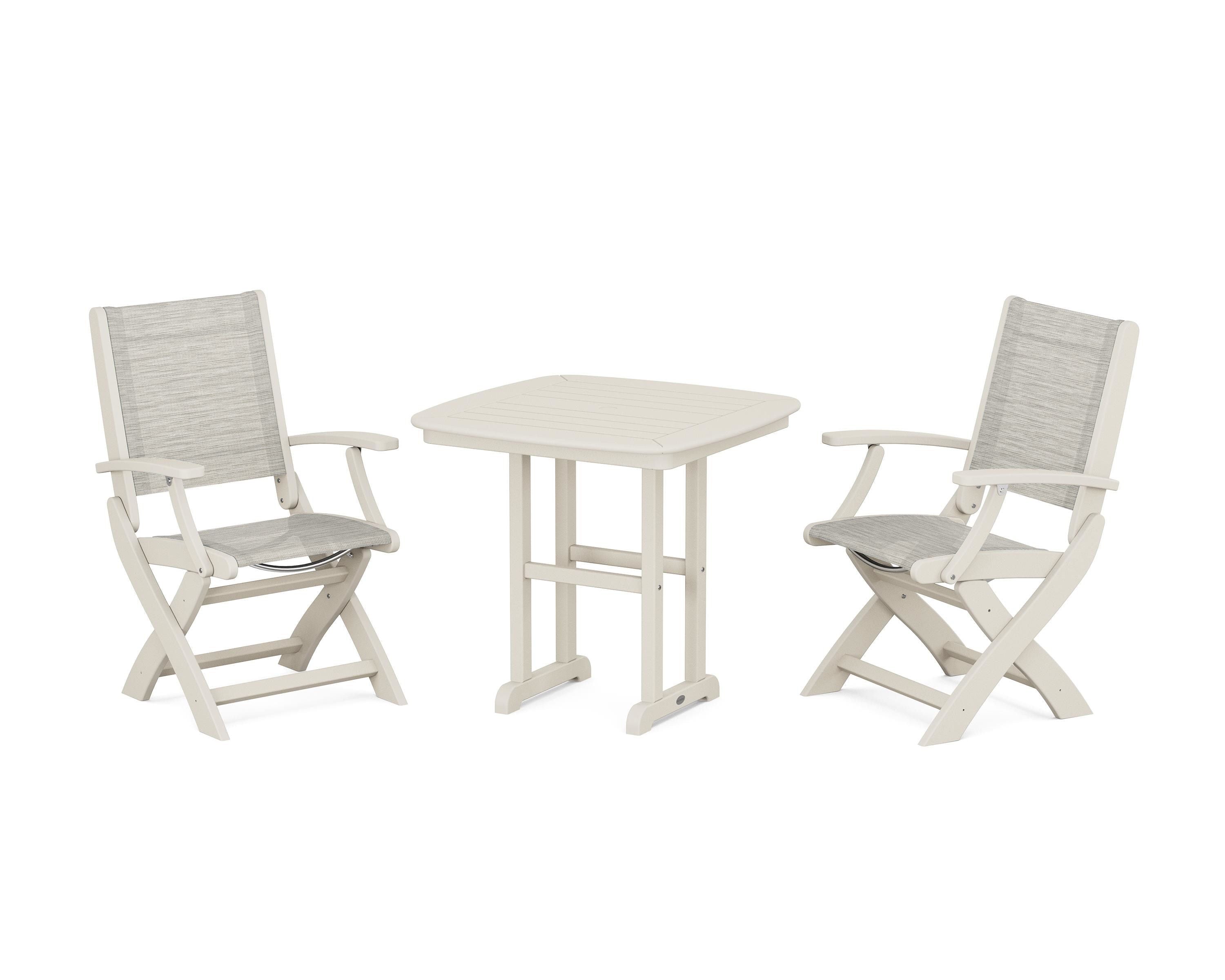 POLYWOOD® Coastal Folding Chair 3-Piece Dining Set in Sand / Birch Sling