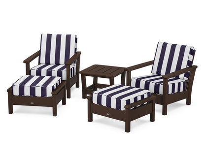 POLYWOOD® Harbour 5-Piece Deep Seating Chair Set in Mahogany / Cabana Stripe Navy