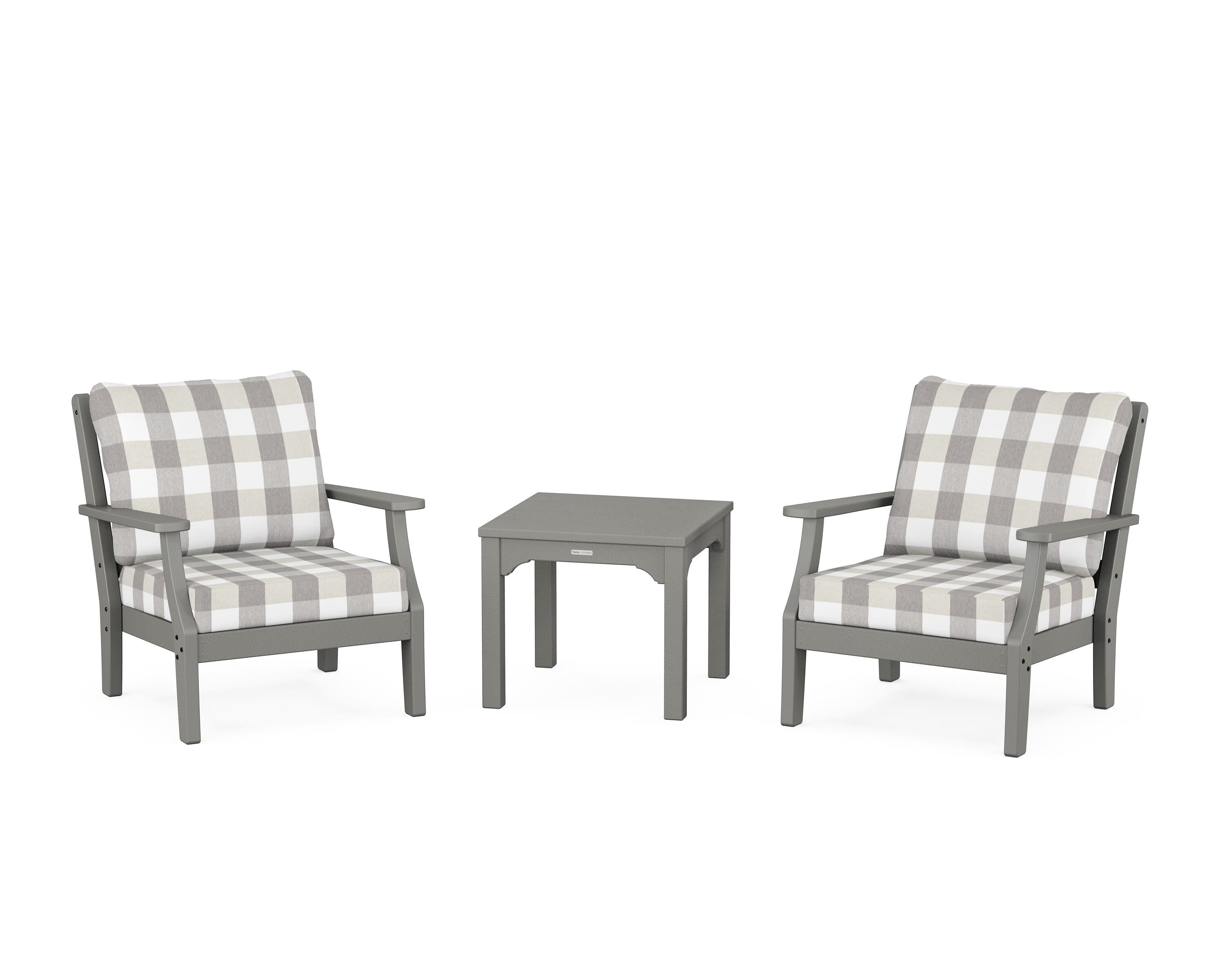 Martha Stewart by POLYWOOD® Chinoiserie 3-Piece Deep Seating Set in Slate Grey / Buffalo Plaid Grey Mist