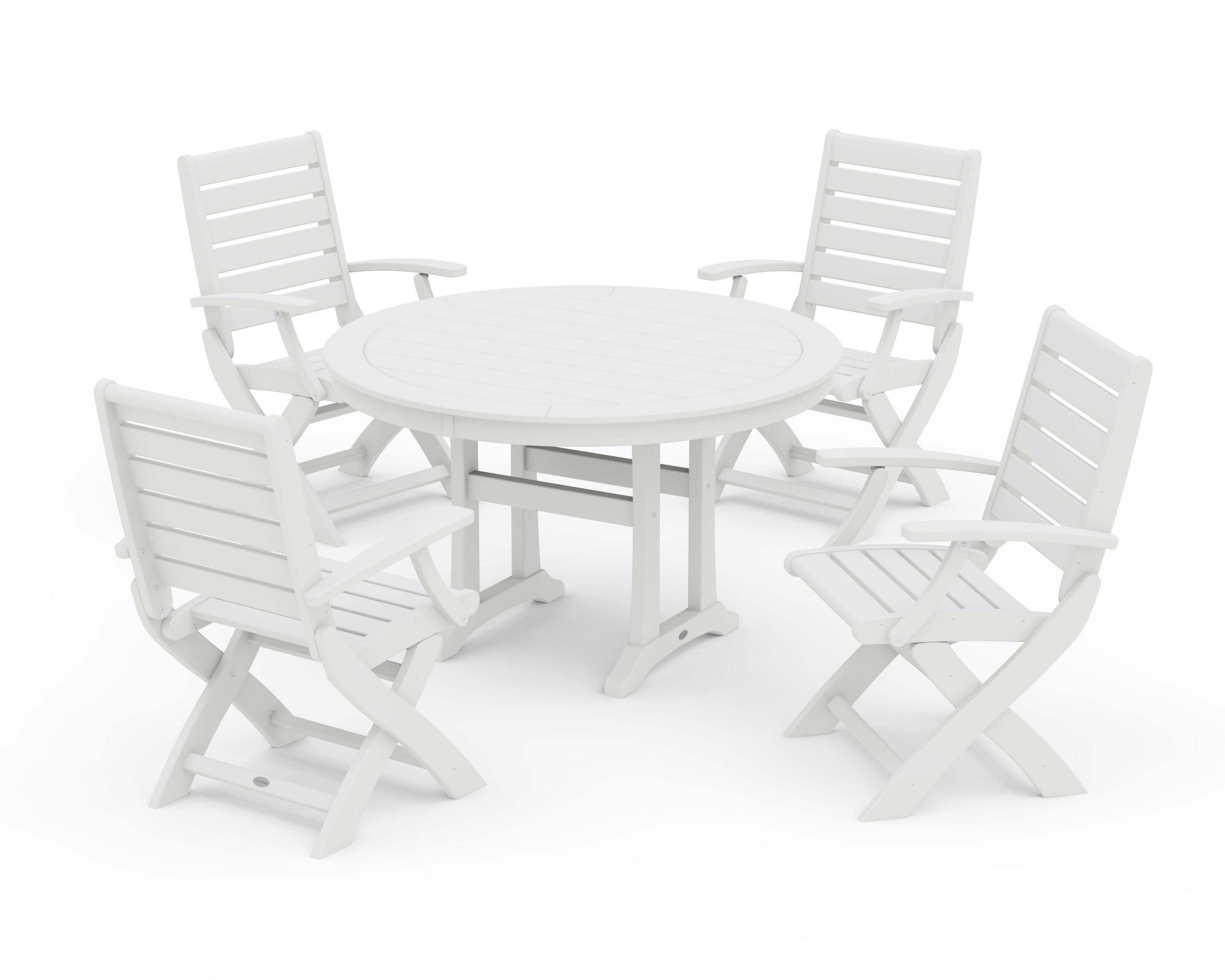 POLYWOOD® Signature Folding Chair 5-Piece Round Dining Set with Trestle Legs in White