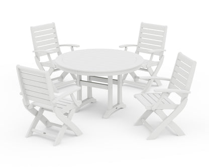 POLYWOOD® Signature Folding Chair 5-Piece Round Dining Set with Trestle Legs in White