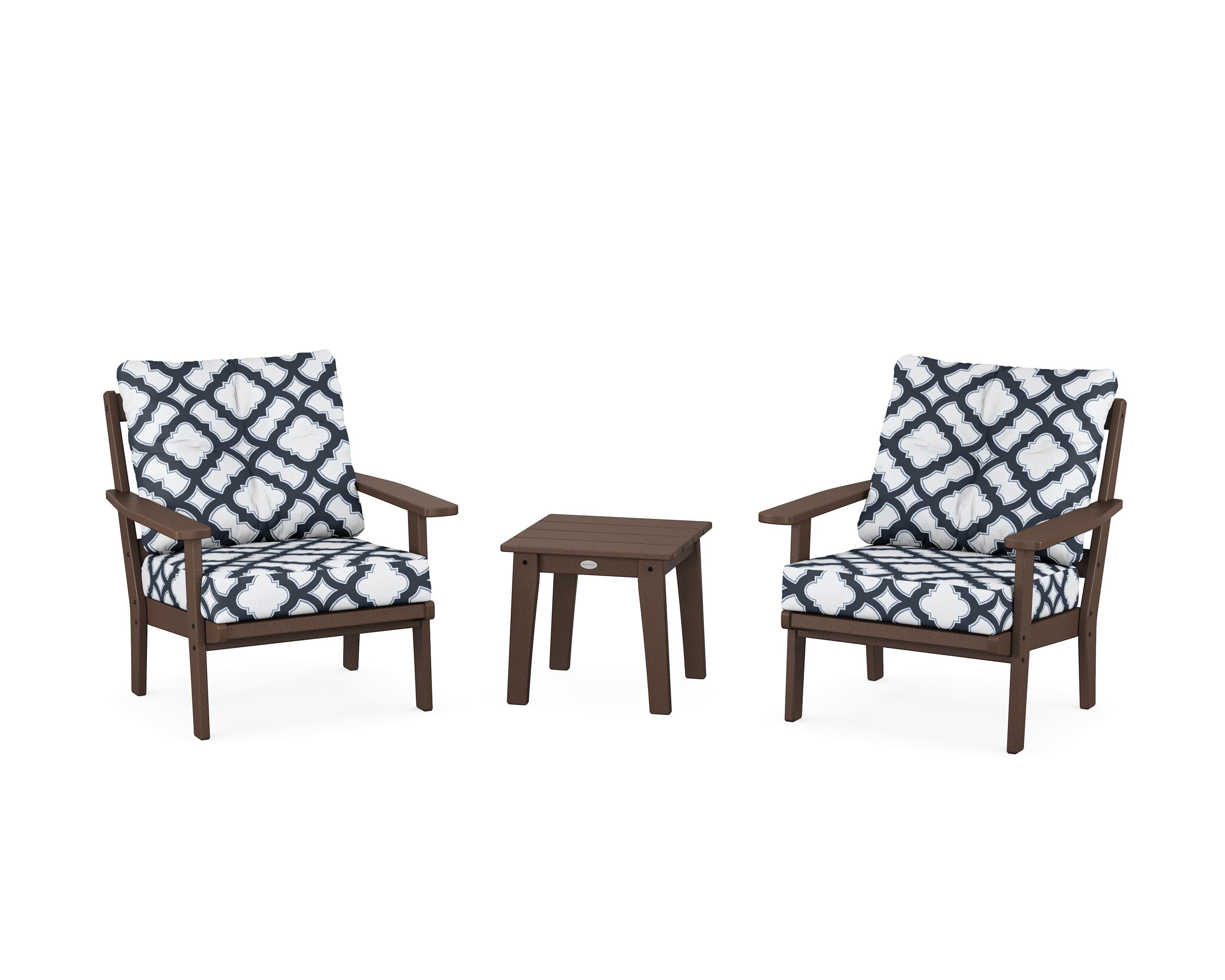 POLYWOOD® Oxford 3-Piece Deep Seating Set in Mahogany / Trellis Marine Indigo