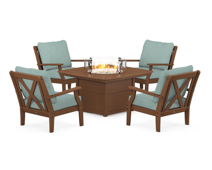 POLYWOOD® Braxton 5-Piece Deep Seating Conversation Set with Fire Pit Table in Teak / Glacier Spa