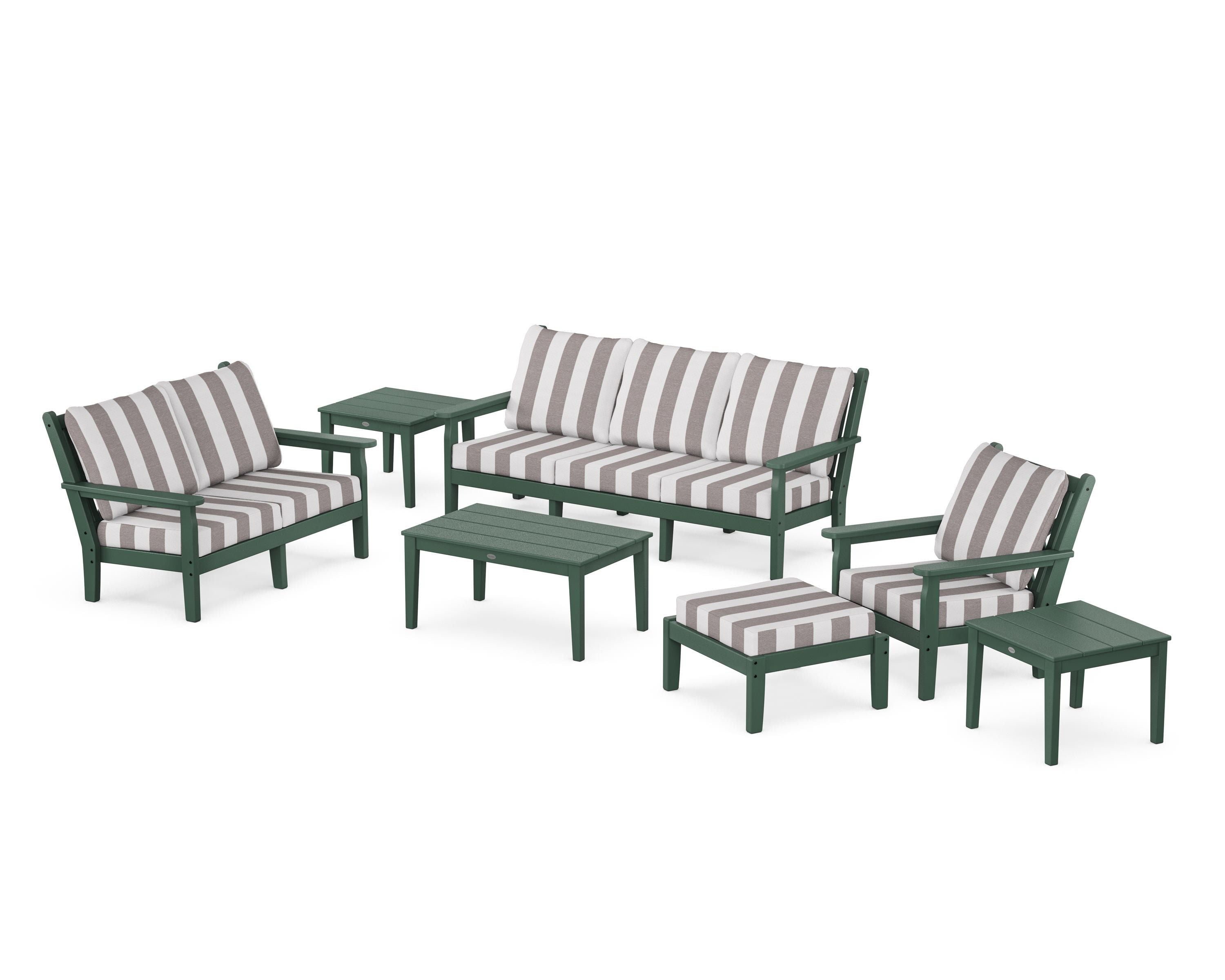 POLYWOOD® Chippendale 7-Piece Deep Seating Set in Green / Cabana Stripe Grey Mist