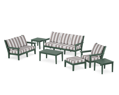POLYWOOD® Chippendale 7-Piece Deep Seating Set in Green / Cabana Stripe Grey Mist