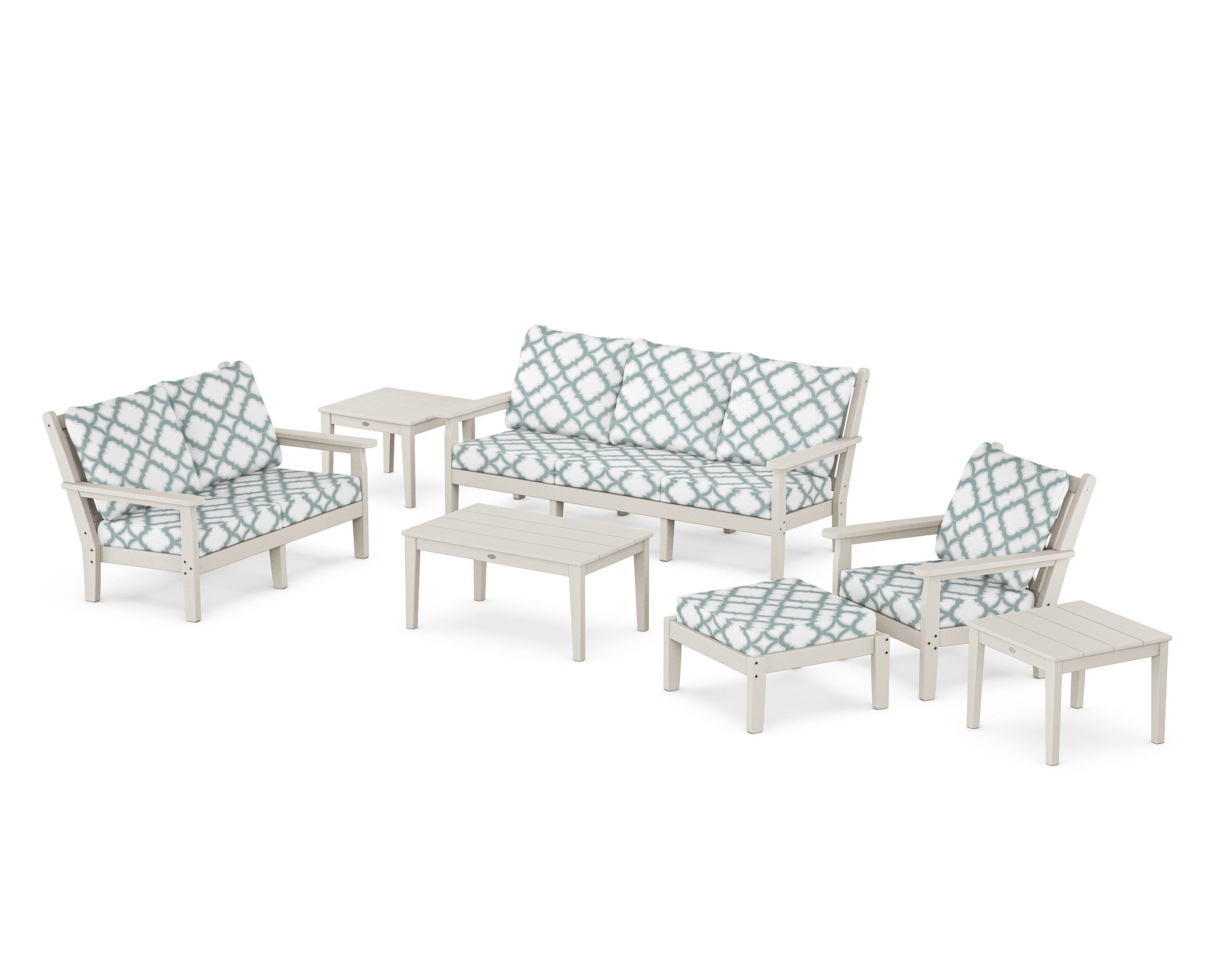 POLYWOOD® Chippendale 7-Piece Deep Seating Set in Sand / Trellis Glacier Spa
