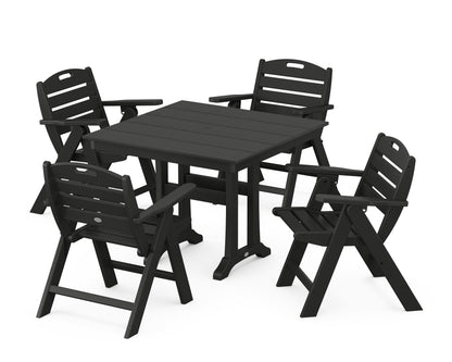 POLYWOOD® Nautical Folding Lowback Chair 5-Piece Farmhouse Dining Set With Trestle Legs in Black