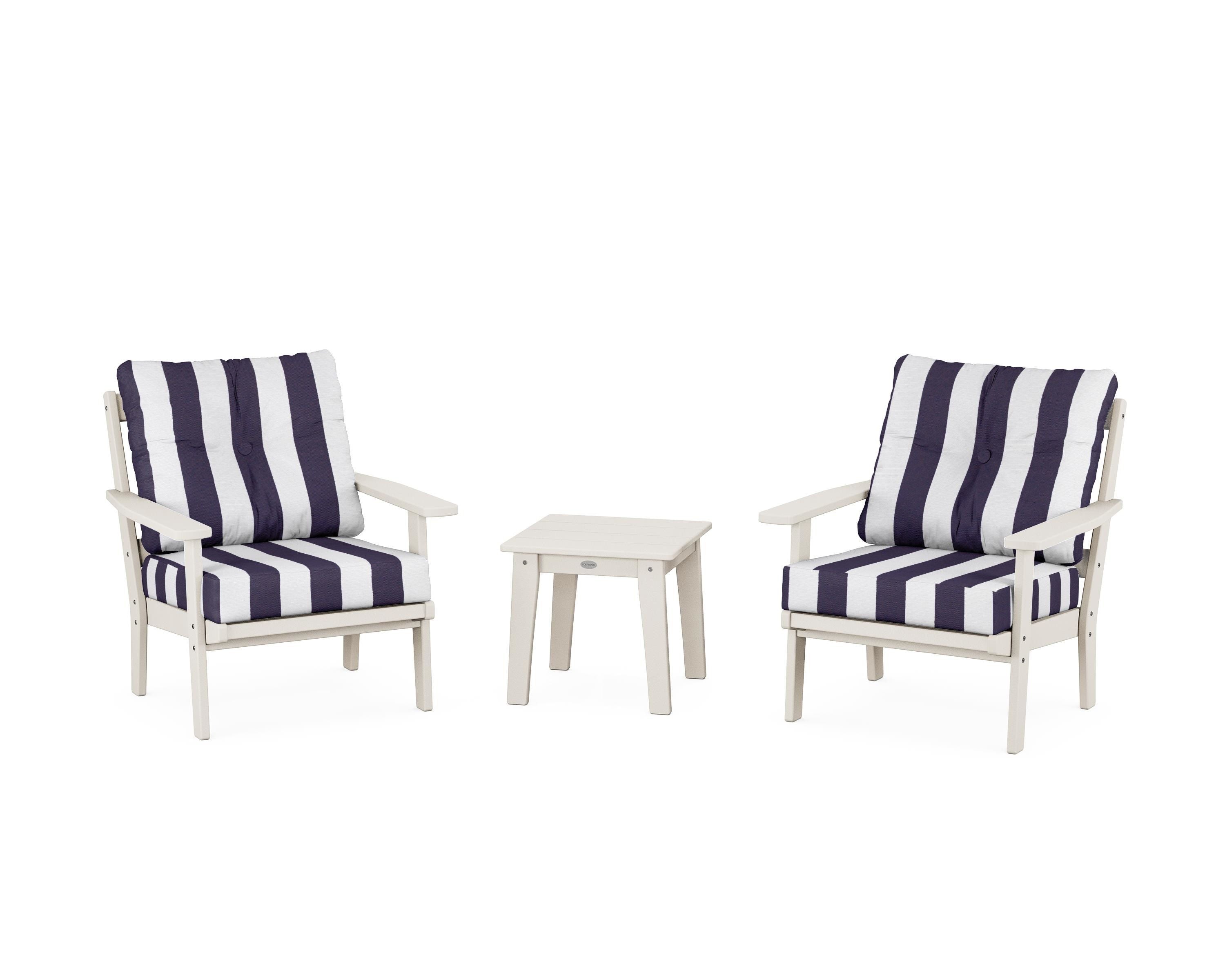 POLYWOOD® Oxford 3-Piece Deep Seating Set in Sand / Cabana Stripe Navy