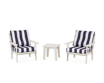 POLYWOOD® Oxford 3-Piece Deep Seating Set in Sand / Cabana Stripe Navy