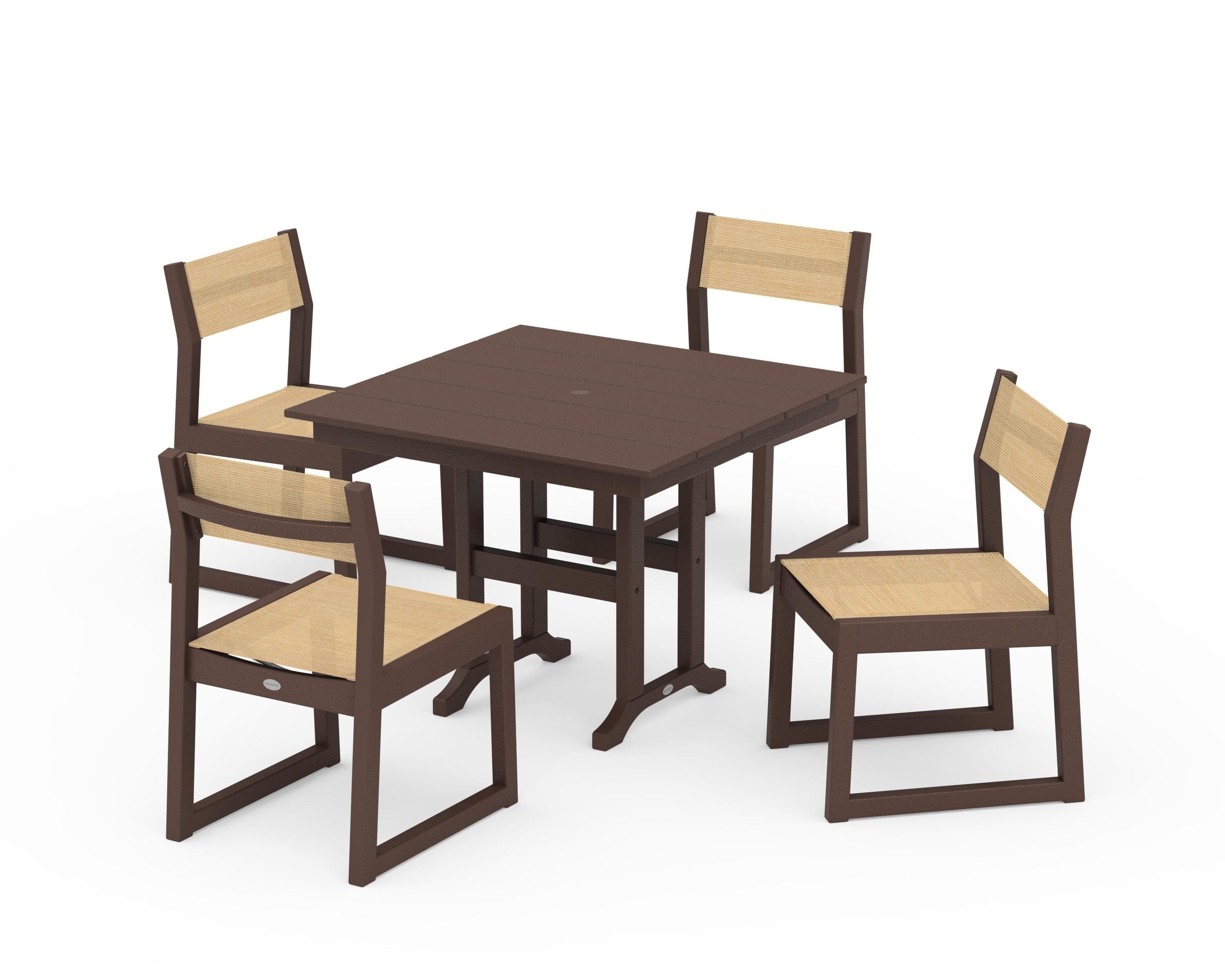 POLYWOOD® EDGE Sling Side Chair 5-Piece Farmhouse Dining Set in Mahogany / Dupioni Apricot Sling