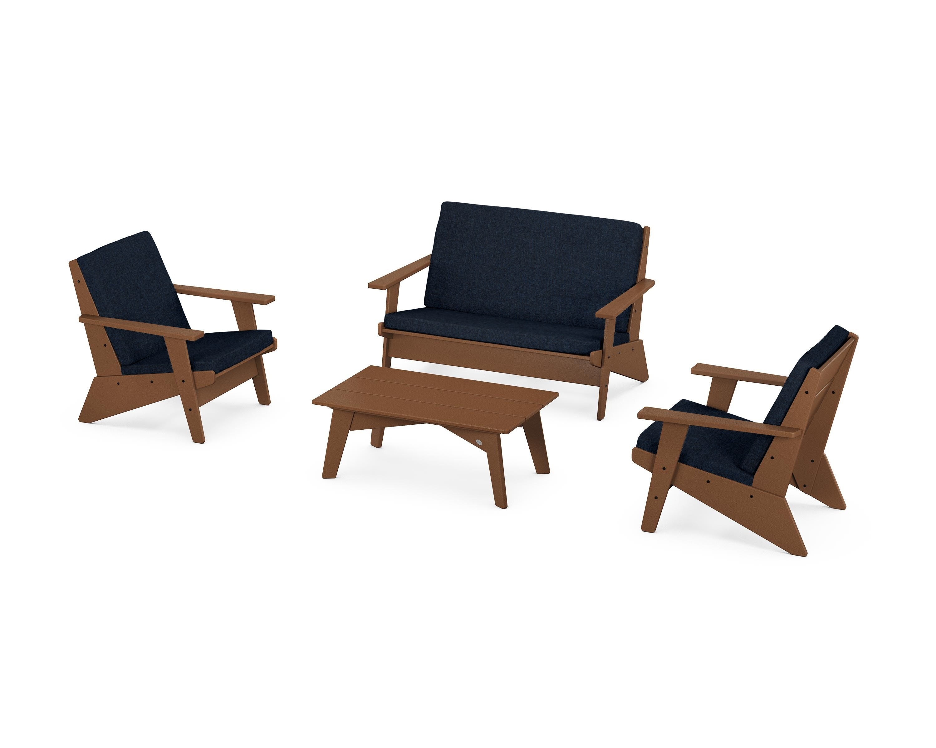 POLYWOOD® Riviera Modern Lounge 4-Piece Set in Teak / Marine Indigo