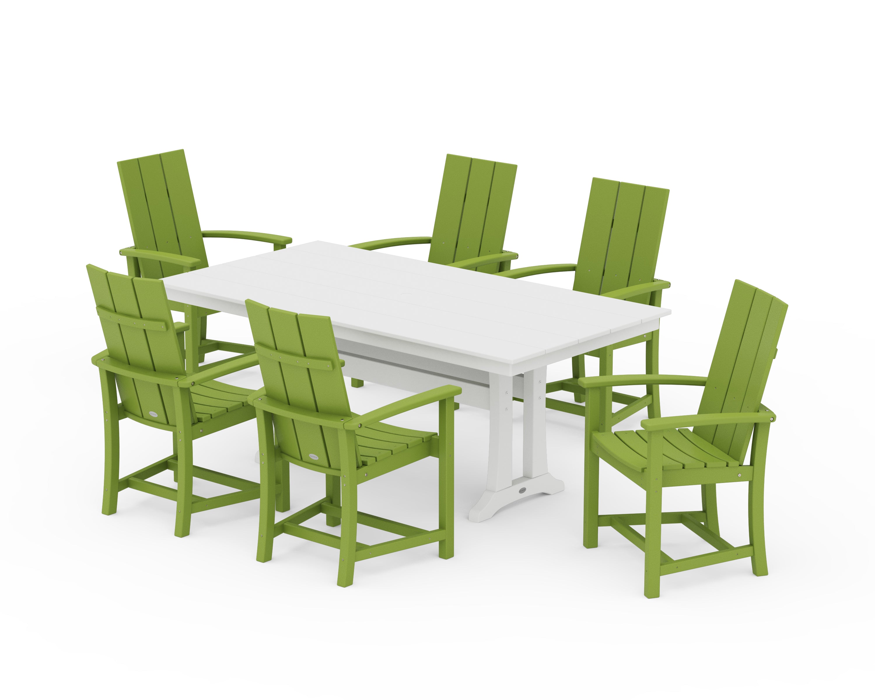 POLYWOOD® Modern Adirondack 7-Piece Farmhouse Dining Set with Trestle Legs in Lime / White