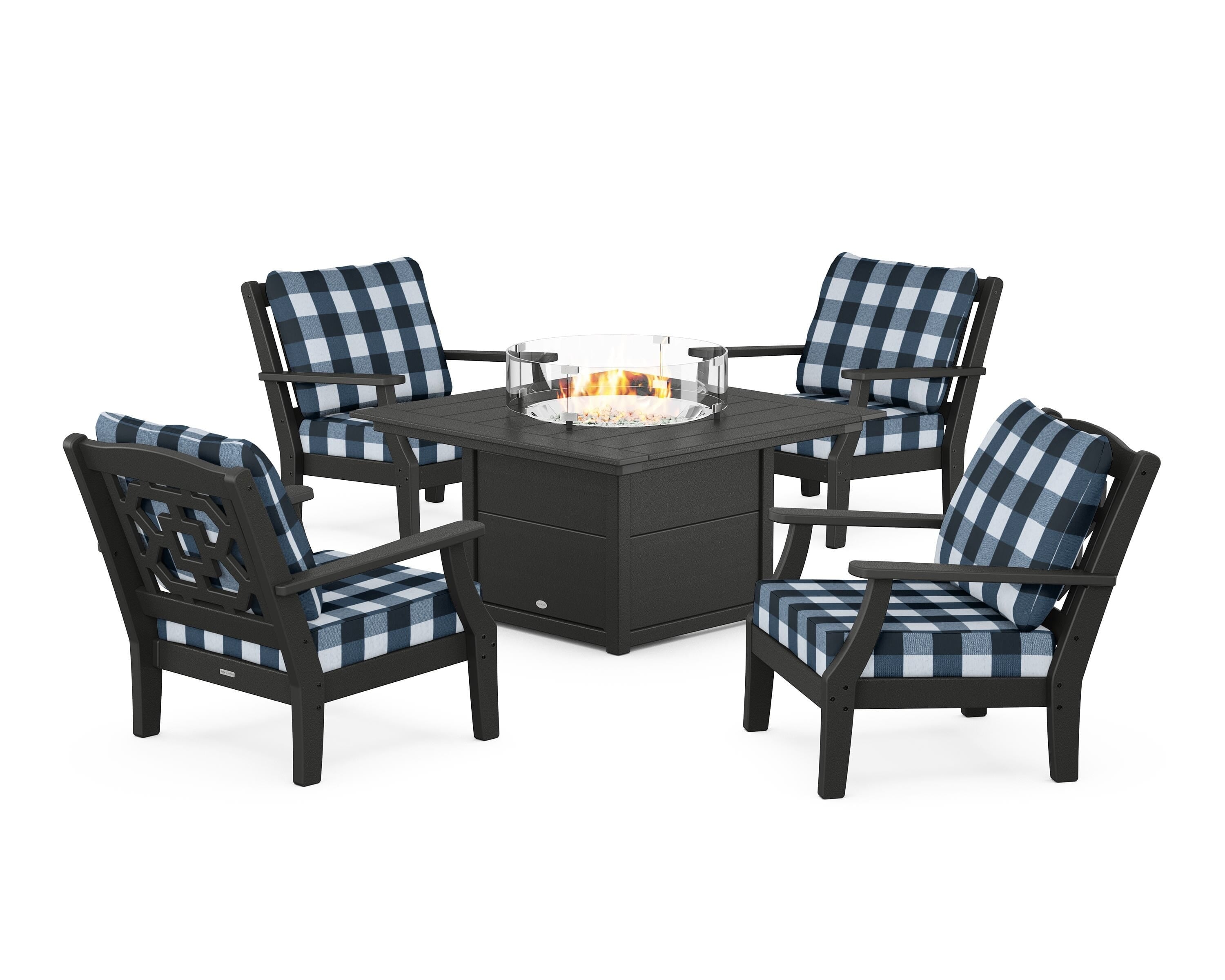 Martha Stewart by POLYWOOD® Chinoiserie 5-Piece Deep Seating Set with Fire Pit Table in Black / Buffalo Plaid Marine Indigo