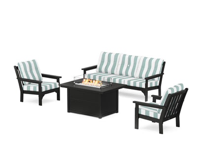 POLYWOOD® Vineyard Deep Seating Fire Pit Table Set in Black / Cabana Stripe Glacier Spa