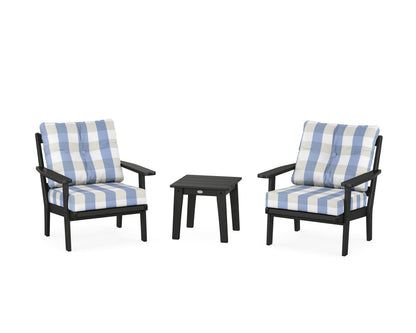 POLYWOOD® Oxford 3-Piece Deep Seating Set in Black / Buffalo Plaid Sky Blue