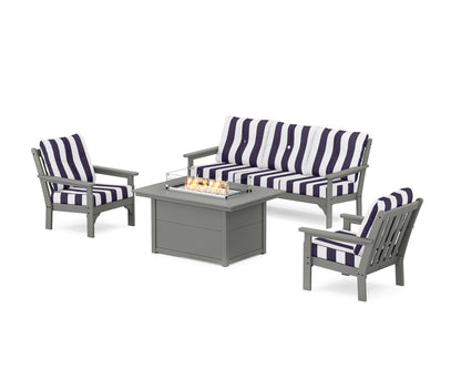 POLYWOOD® Vineyard Deep Seating Fire Pit Table Set in Slate Grey / Cabana Stripe Navy