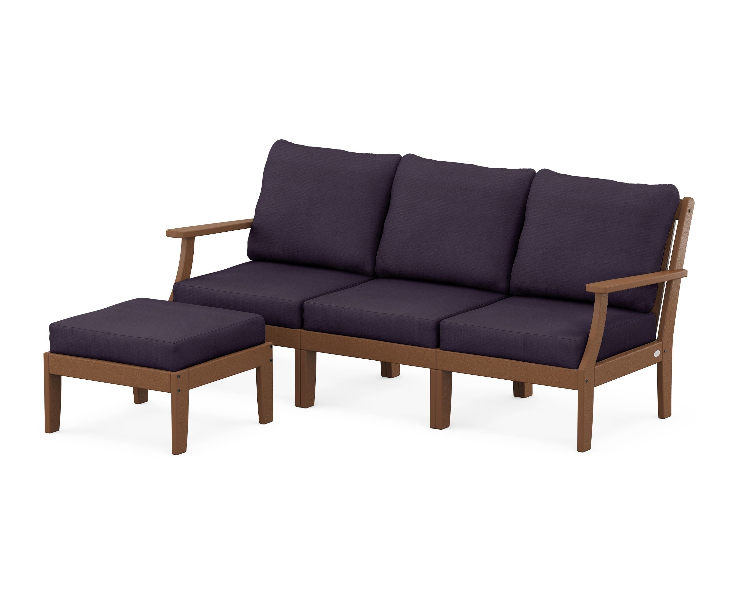 POLYWOOD® Braxton Modular 4-Piece Deep Seating Set with Ottoman in Teak / Navy Linen