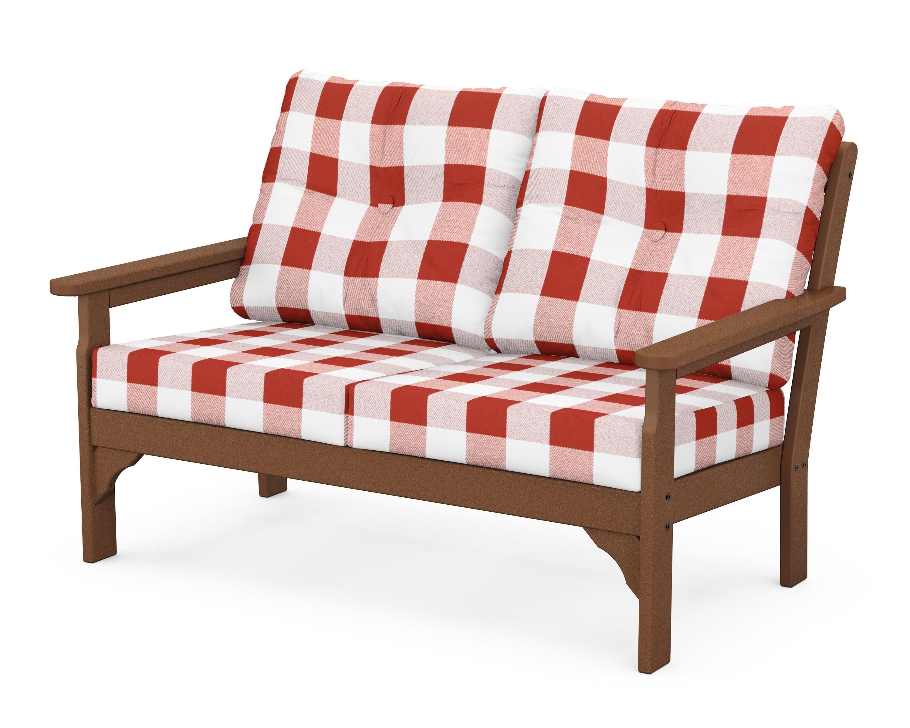 POLYWOOD® Vineyard Deep Seating Loveseat in Teak / Buffalo Plaid Crimson