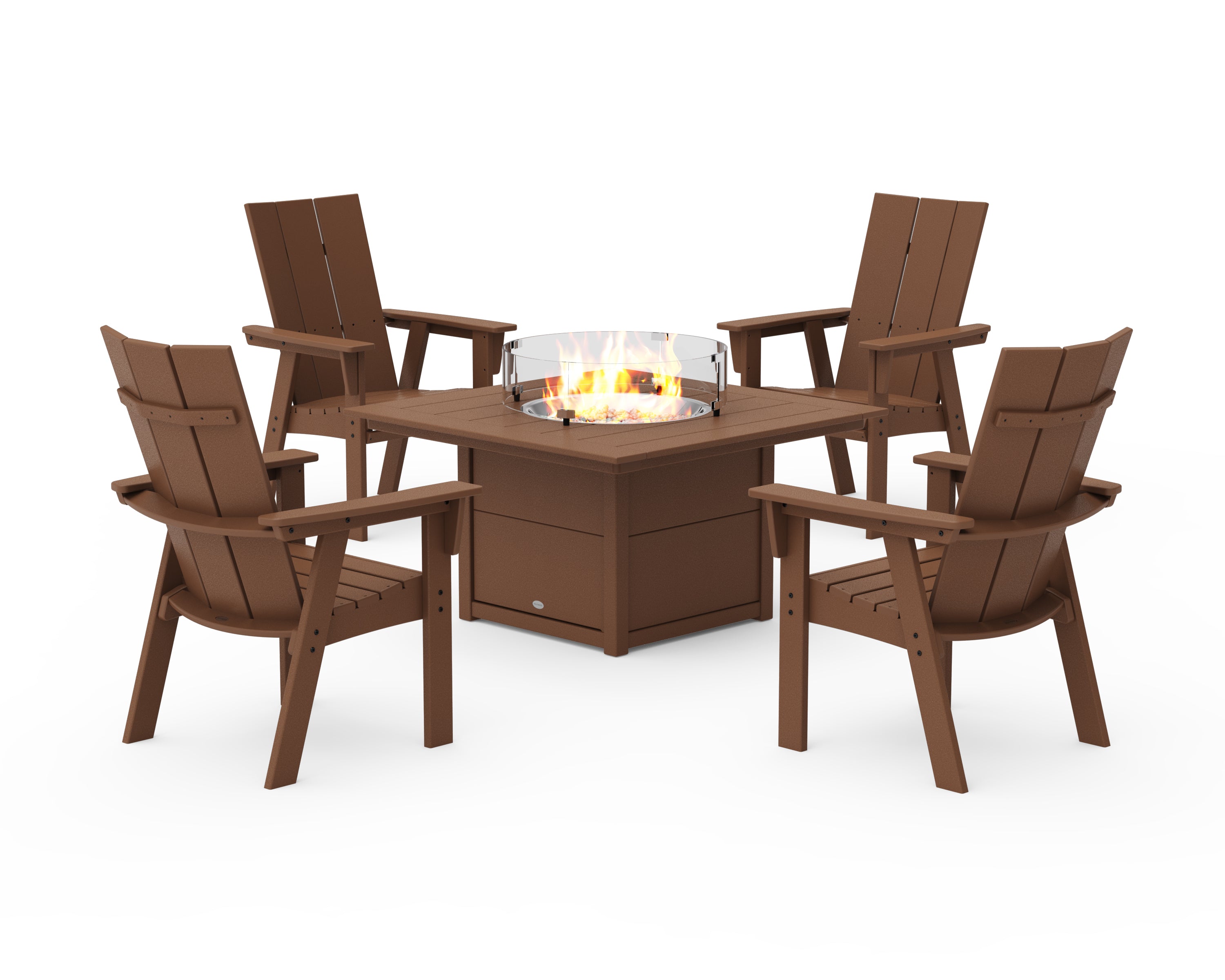 POLYWOOD® Modern 4-Piece Curveback Upright Adirondack Conversation Set with Fire Pit Table in Teak