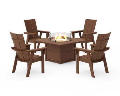 POLYWOOD® Modern 4-Piece Curveback Upright Adirondack Conversation Set with Fire Pit Table in Teak