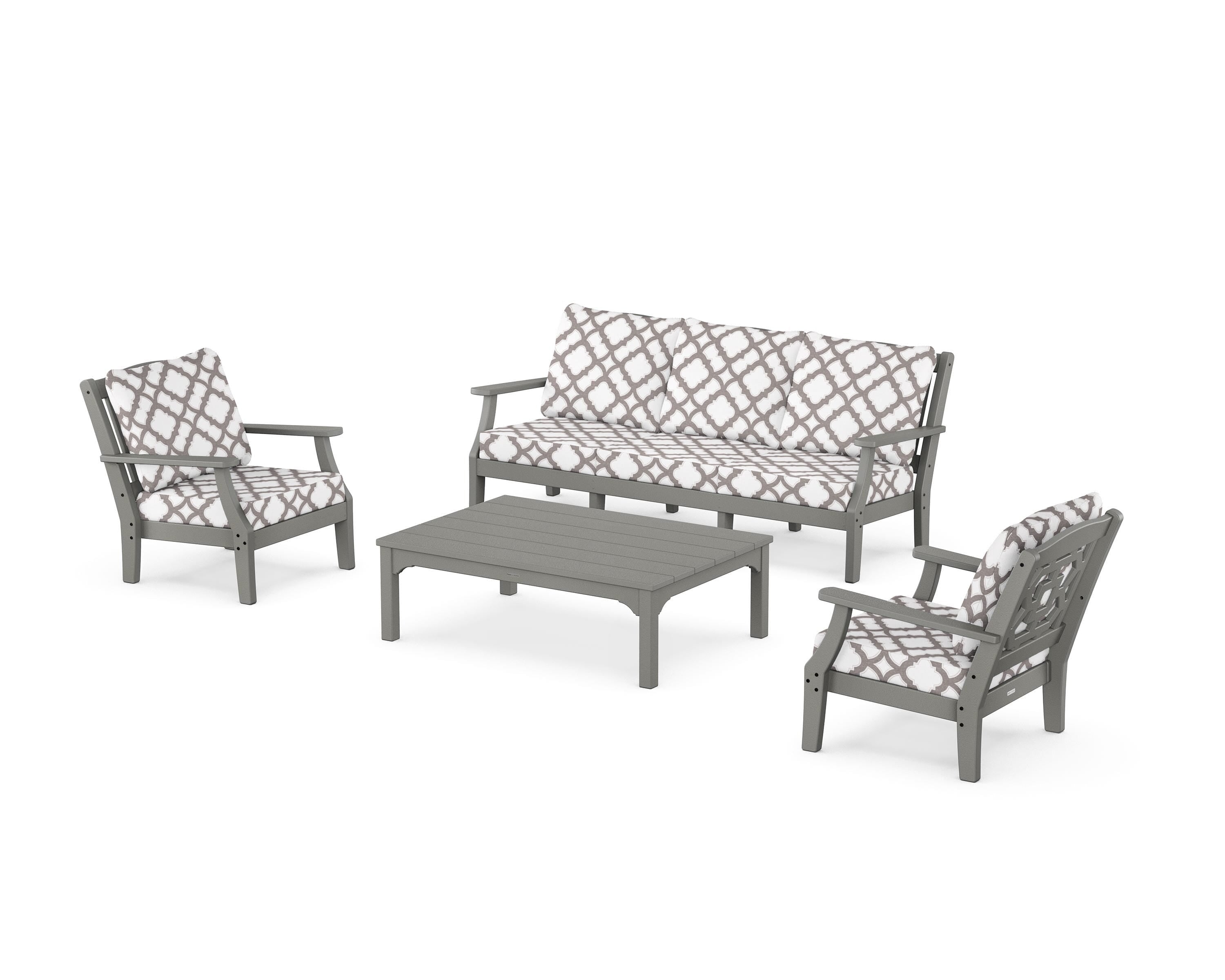 Martha Stewart by POLYWOOD® Chinoiserie 4-Piece Deep Seating Set with Sofa in Slate Grey / Trellis Grey Mist
