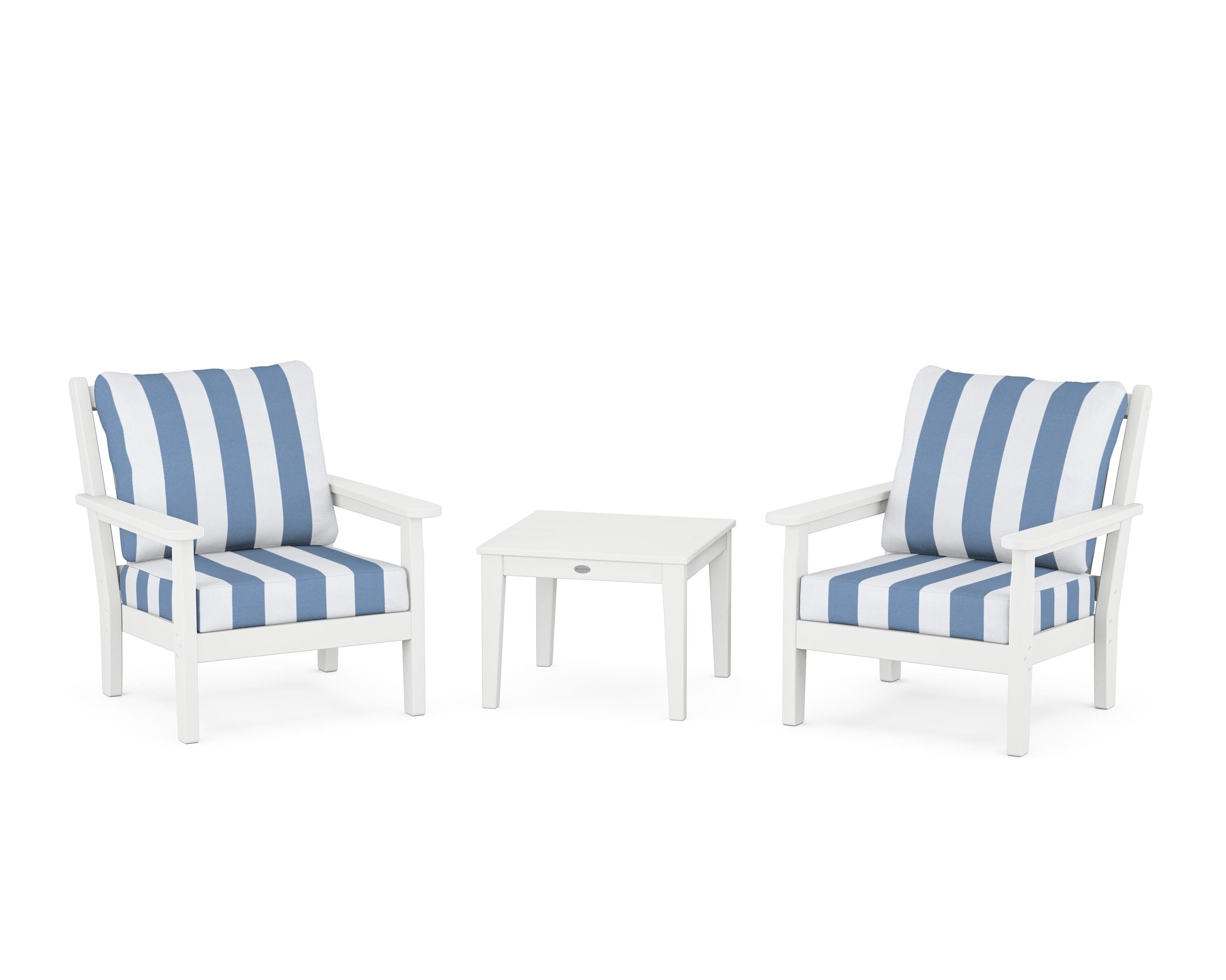POLYWOOD® Chippendale 3-Piece Deep Seating Set in White / Cabana Stripe Sky Blue