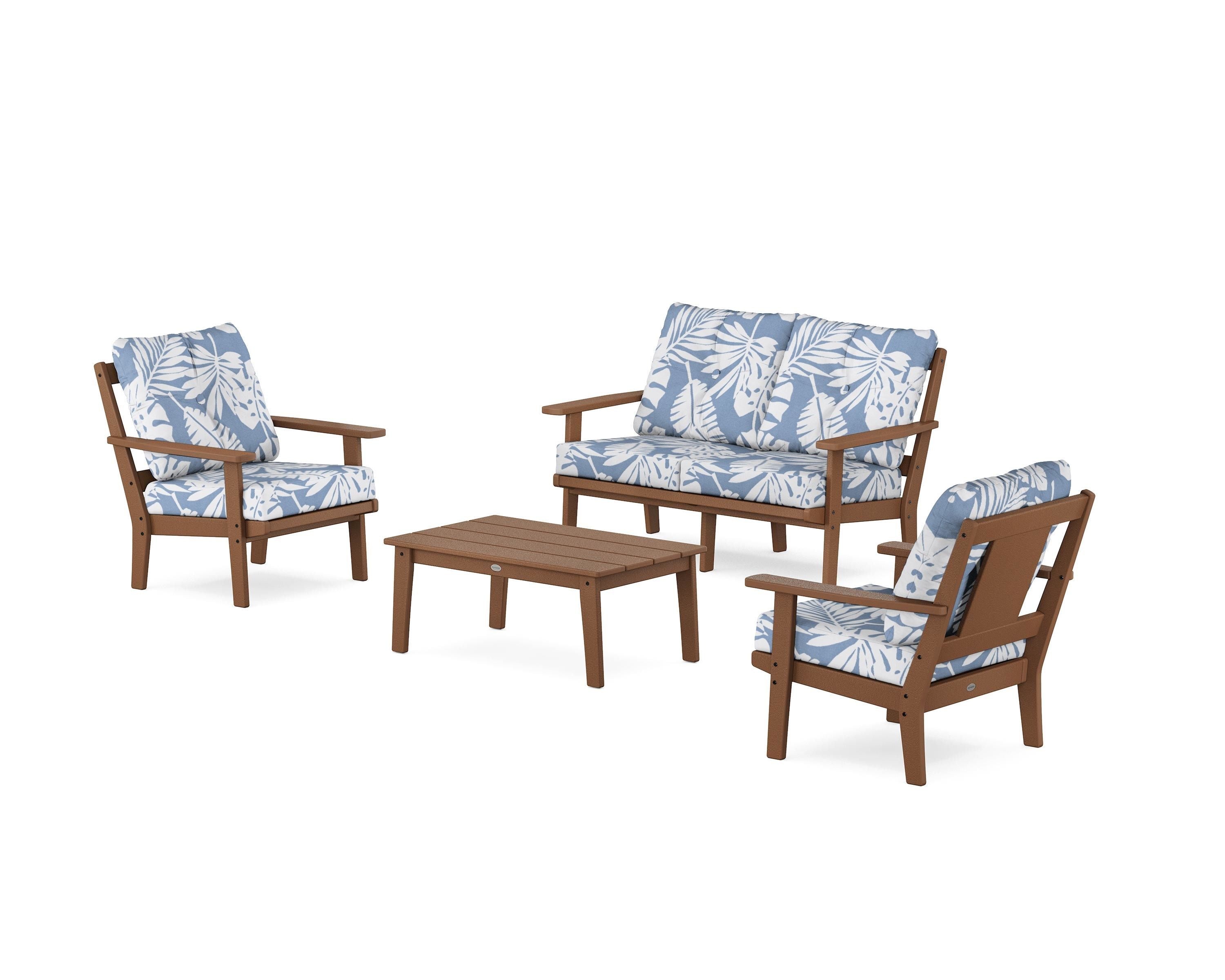 POLYWOOD® Prairie 4-Piece Deep Seating Set with Loveseat in Teak / Leaf Sky Blue