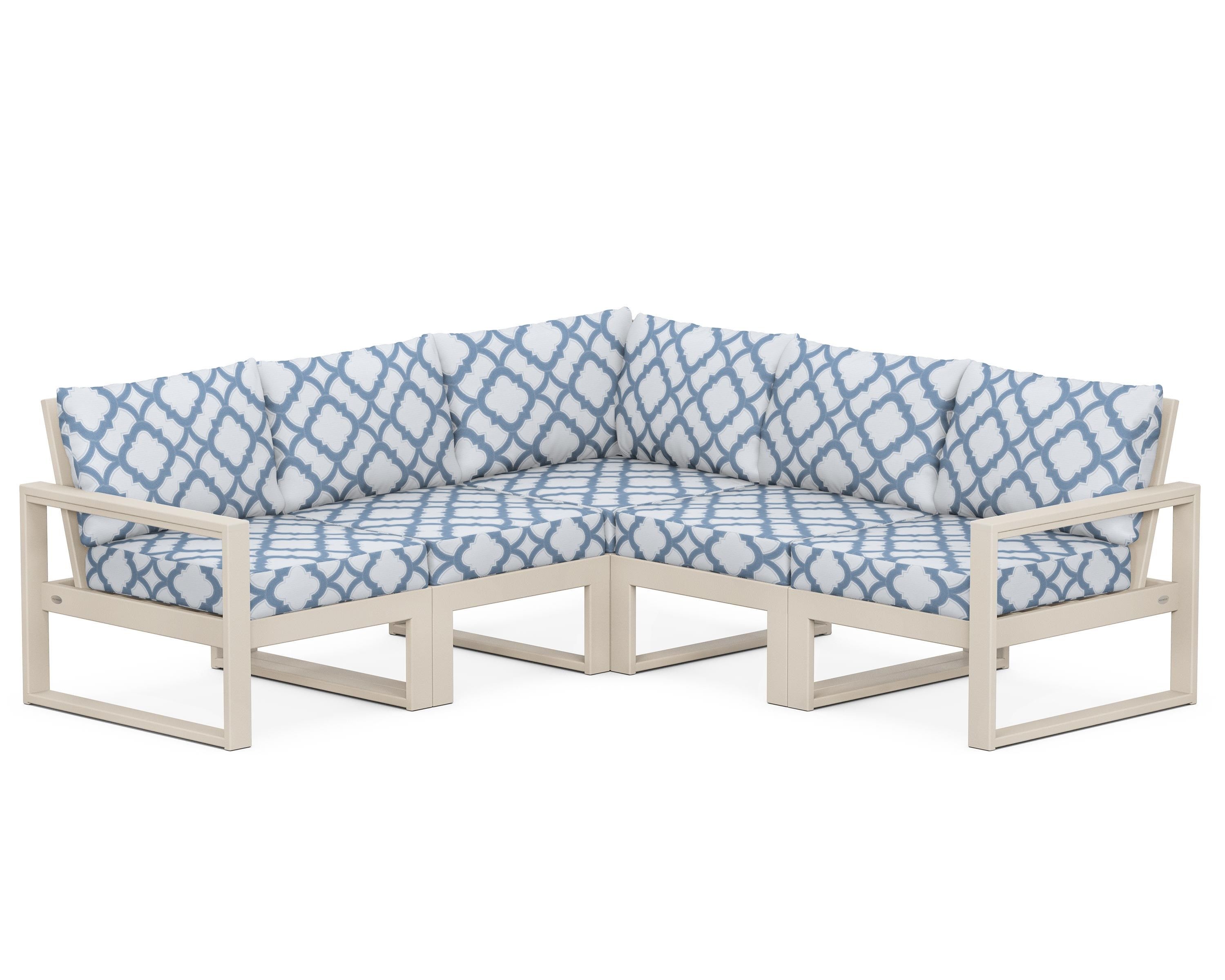 POLYWOOD® EDGE 5-Piece Modular Deep Seating Set in Sand / Trellis Sky Blue
