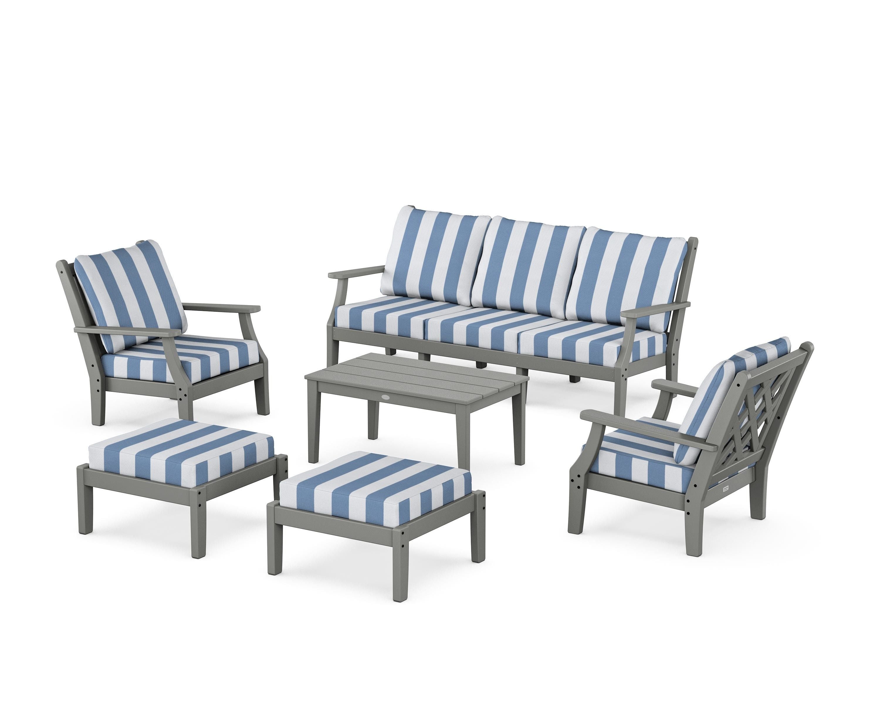 Country Living Wovendale 6-Piece Lounge Sofa Set in Slate Grey / Cabana Stripe Sky Blue
