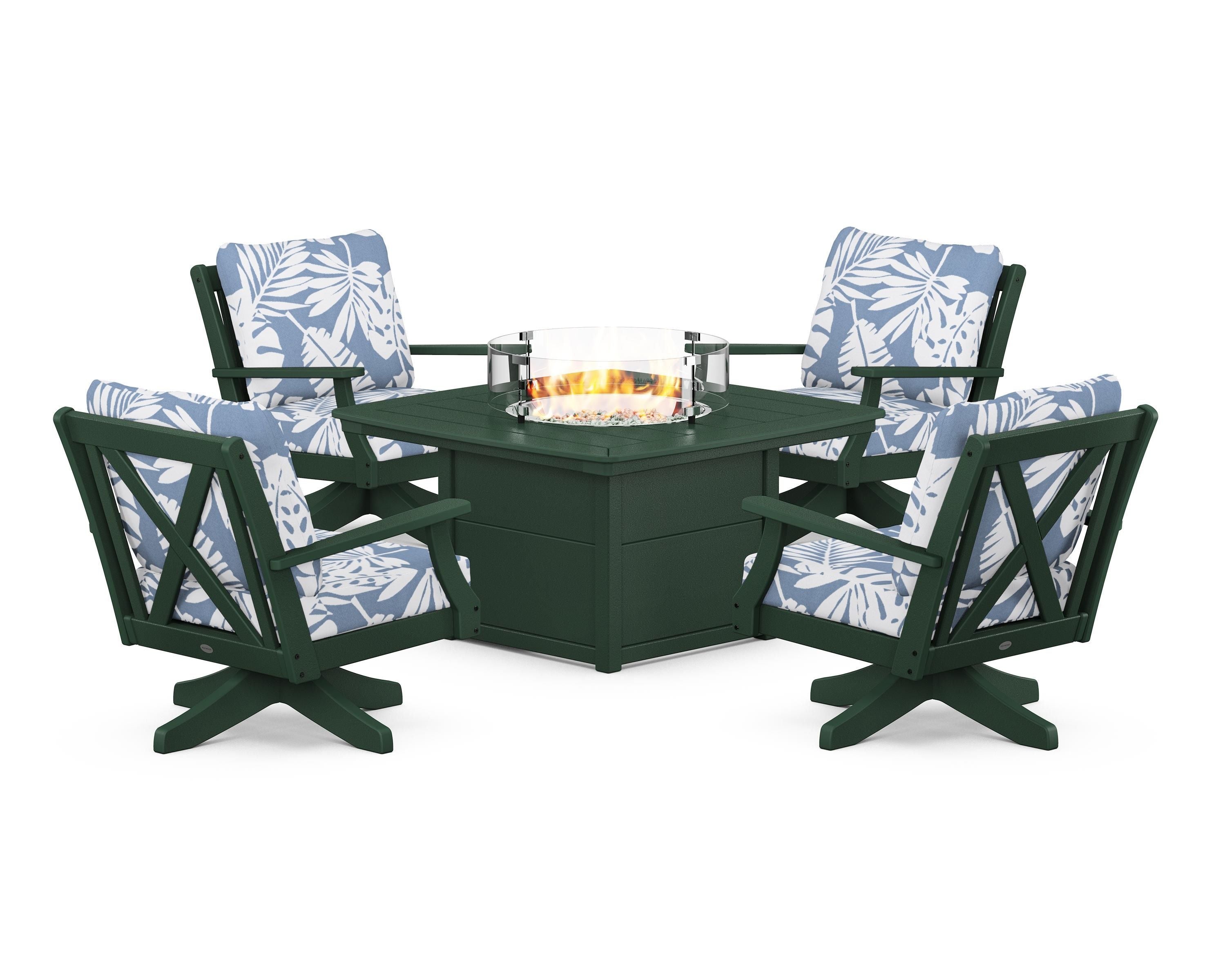 POLYWOOD® Braxton 5-Piece Deep Seating Swivel Conversation Set with Fire Pit Table in Green / Leaf Sky Blue
