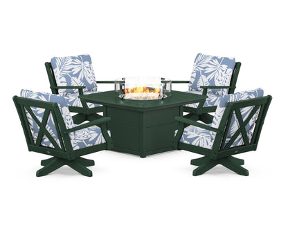 POLYWOOD® Braxton 5-Piece Deep Seating Swivel Conversation Set with Fire Pit Table in Green / Leaf Sky Blue