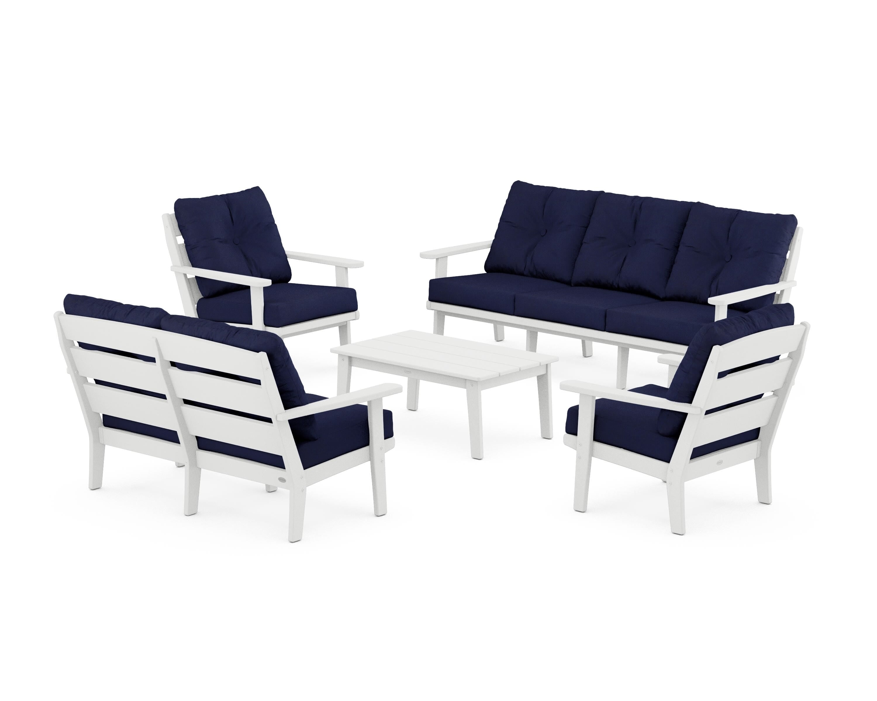 POLYWOOD® Lakeside 5-Piece Lounge Sofa Set in White / Navy