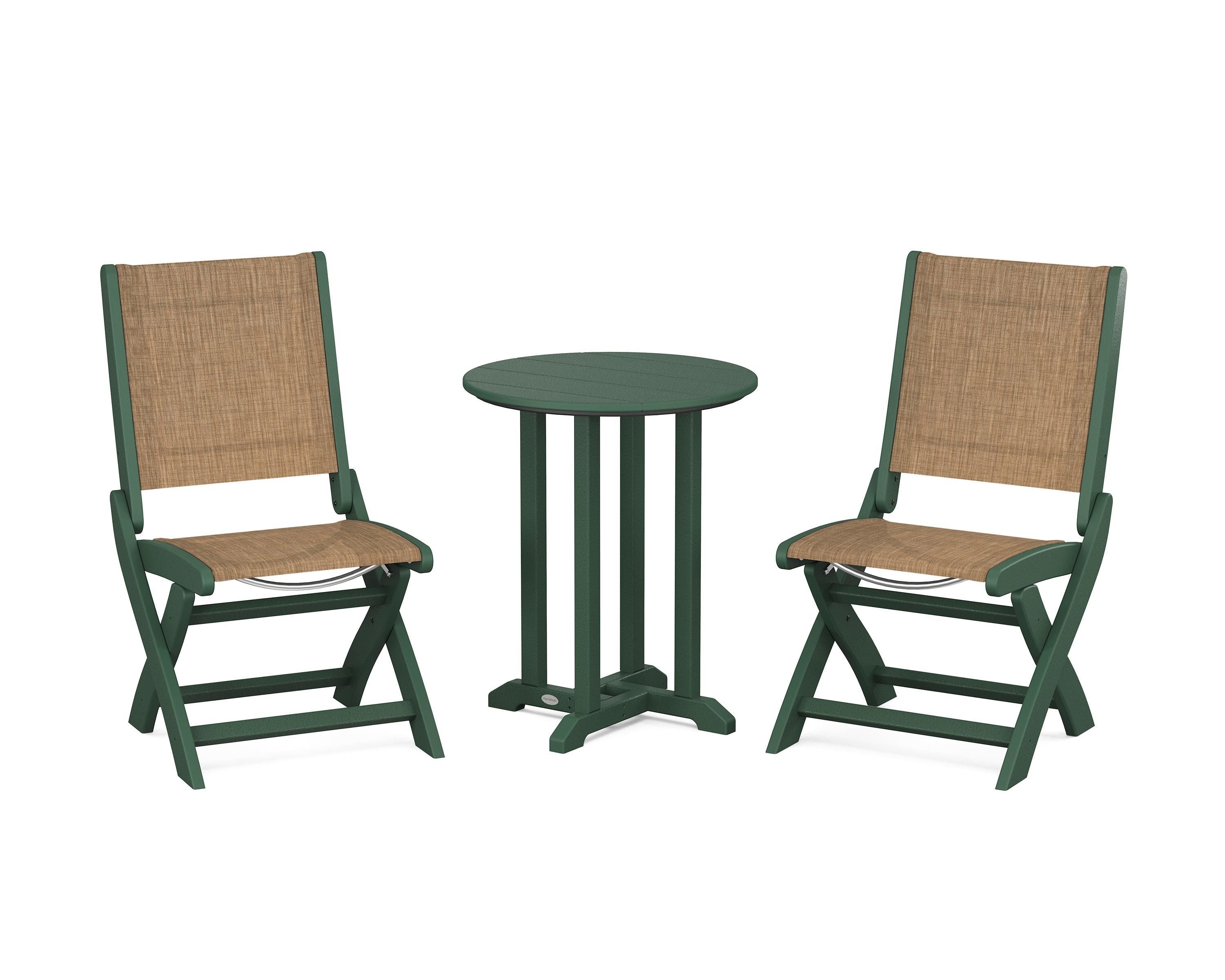 POLYWOOD® Coastal Folding Side Chair 3-Piece Round Bistro Dining Set in Green / Burlap Sling